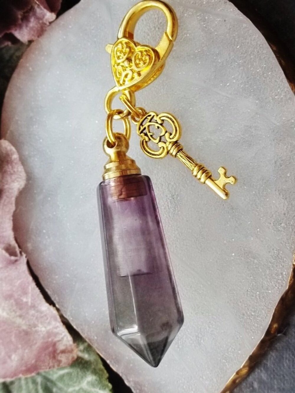 Amethyst Quartz Point Perfume Vial Keychain Locket Key Bag Charm